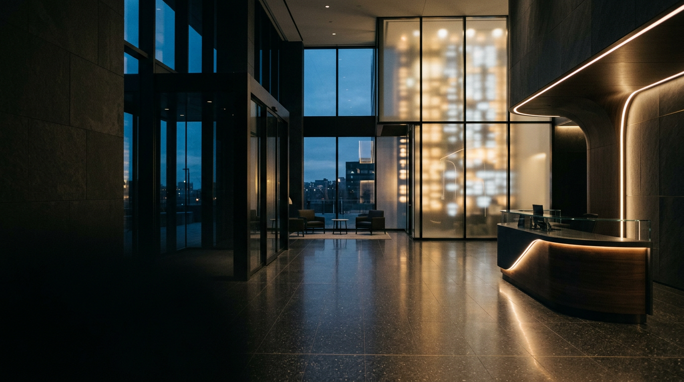 A dark private-bank lobby